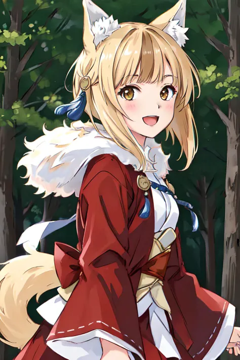 <lora:selkie-10:0.8>, selkie fe, 1girl, solo, looking at viewer, upper body, forest setting, :d, japanese clothes, fur trim, brown hair, dynamic angle, red outfit
