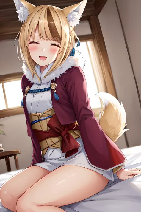 <lora:selkie-10:0.8>, selkie fe, 1girl, solo, looking at viewer, blush, sitting, on bed, :d, thick thighs, japanese clothes, fur trim, brown hair, dynamic angle, closed_eyes