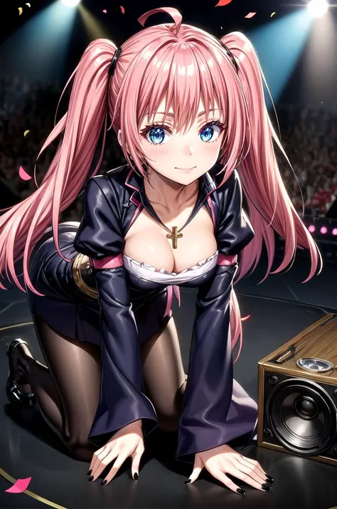 (masterpiece, best quality, detailed), 1girl, solo, looking at viewer, <lora:Milim Nava:0.7>, pink hair, long hair, twintails, gothic, goth fashion, black dress, frills, lipstick, eyeshadow, makeup, long sleeves, puffy sleeves, wide sleeves, hair flower, rose, jewelry, cross necklace, stage, light particles, (sparkle), glint, confetti, all fours, full body, blue eyes, ahoge, black nails, pantyhose, mary janes, black footwear, stage lights, spotlight, (speaker), cleavage, hanging breasts, light smile, closed mouth