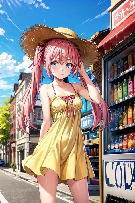 (masterpiece, best quality, detailed), 1girl, solo, looking at viewer, <lora:Milim Nava:0.7>, pink hair, long hair, twintails, sundress, yellow dress, frilled dress, sleeveless dress, bare shoulders, straw hat, outdoors, (vending machine), contrapposto, legs apart, blue eyes, ribbon, hat ribbon, blue sky, building, hand on headwear, smile, closed mouth