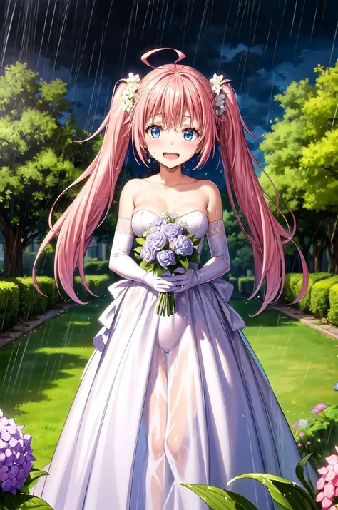 (masterpiece, best quality, detailed), 1girl, solo, looking at viewer, <lora:Milim Nava:0.7>, pink hair, long hair, twintails, bride, wedding dress, bridal veil, white dress, hair flower, white flower, outdoors, garden, night, bush, hydrangea, (rain), wet, holding bouquet, bouquet, blue eyes, ahoge, elbow gloves, white gloves, (long dress), grass, flower, rose, wet clothes, wet hair, see-through, wet dress, see-through dress, smile, open mouth, blush, sweatdrop