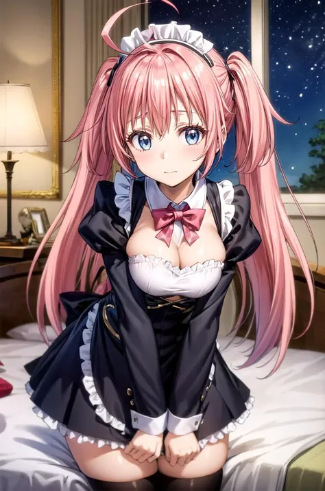 (masterpiece, best quality, detailed), 1girl, solo, looking at viewer, <lora:Milim Nava:0.7>, pink hair, long hair, twintails, maid, maid headdress, maid apron, long sleeves, hair ribbon, indoors, bedroom, <lora:breasts_squeezed_together_v0.2:0.9> (breasts squeezed together), (v arms), blue eyes, ahoge, bowtie, puffy sleeves, cleavage, window, night sky, stuffed toy, lamp, pillow, messy room, black thighhighs, leaning forward, closed mouth, blush