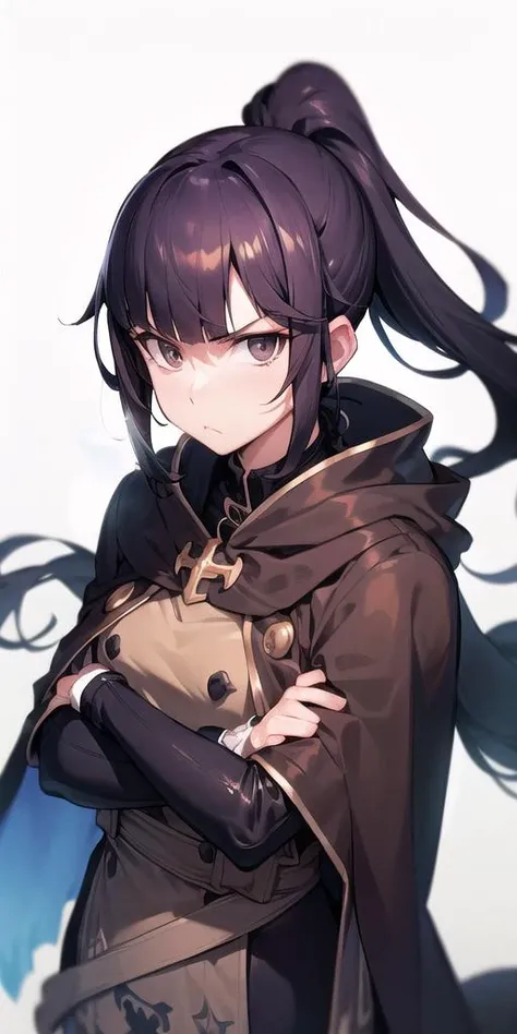 gamma, ponytail, brown cloak, black hair, glaring, <lyco:gamma-08:.8>