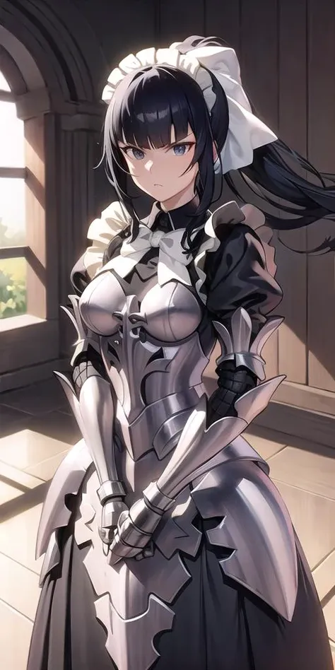 gamma, ponytail, maid, maid headdress, armor, seiza, black hair, glaring, <lyco:gamma-08:.8>