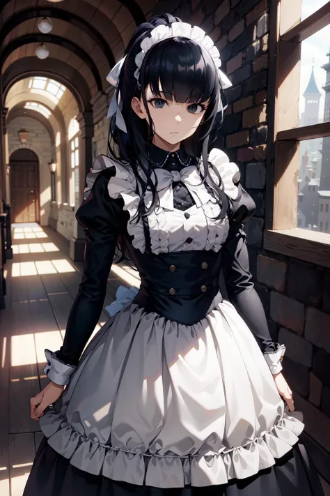 (Masterpiece, Best Quality, Highres:1.4), Detailed, Intricate Details, 4K,
1Girl, (Solo:1.4), Standing, (Gamma:1.2),
Black Hair, Blunt Bangs,
Black Eyes, Black Irises, Looking at VIewer, Shaded Face,
Maid Uniform, Maid Dress, Puffy Skirt, Juliet Sleeves, Headdress,
(Indoors, Castle, Grey Brick, Grey Bricks, Grey Brick Wall:1.2), Window, Vintage,
<lora:Overlord - Narberal:1>