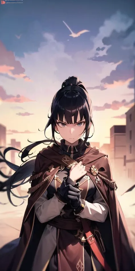 gamma, ponytail, brown cloak, black hair, glaring, <lyco:gamma-08:.8>