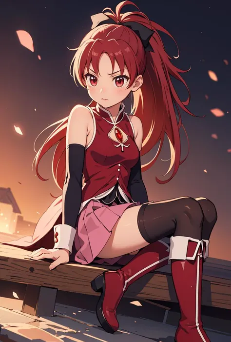 (masterpiece, best quality), 1girl,      <lora:Sakura:0.8> SakuraAi, red hair, red eyes, long hair, ponytail, hair bow, bow, medium breasts, skirt, thighhighs, bare shoulders, detached sleeves, black thighhighs, zettai ryouiki, red boots, boots, magical girl, sakura kyouko, soul gem