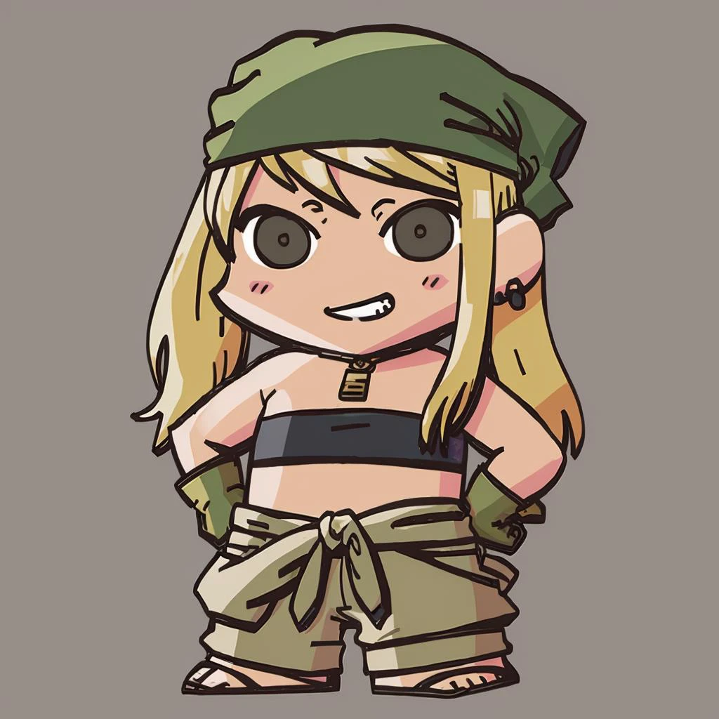 masterpiece, best quality, <lora:FEH-MTH_Fp:1> simple background, chibi <lora:winry-nvwls-v1:0.8> winry rockbell, earrings, green bandana, black tube top, strapless, midriff, clothes around waist, beige pants, brown gloves, standing, grin