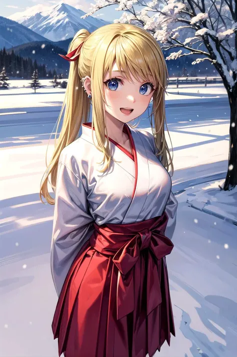 (masterpiece, best quality, detailed), 1girl, solo, looking at viewer, winry rockbell, earrings,
miko, japanese clothes, red hakama, wide sleeves, white kimono, ribbon trim, hakama short skirt, outdoors, winter, mountain, snow, bare tree, scenery, (snowing), arms behind back, smile, open mouth