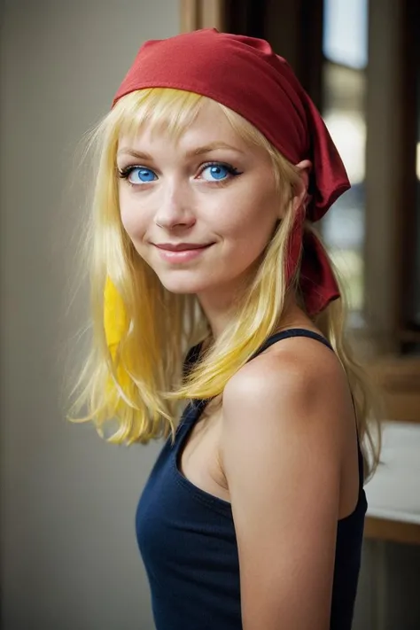 <lora:winry-nvwls-v1:1.0> winry rockbell, girl, young, pale skin, milky white skin, norwegian, european, caucasian, girl focus, 
(large eyes, blue eyes, detailed eyes, extreme eye detail:1.2), black eyeliner, (blonde, yellow hair:1.3), sideswept bangs, cute, neutral expression, closed mouth, (small nose:1.4), (red bandana:1.4), full smile, beaming, 
(A Full body photo by Robert Frank, by Vivian Maier , Photo by Eve Arnold, by Dennis Stock by Henry Clarke )