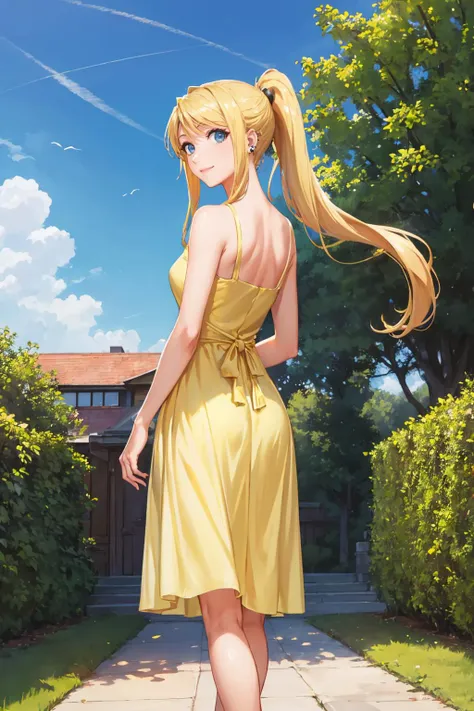 masterpiece, best quality, <lora:mordred-nvwls-v1-000009:0.8> casualMord, ponytail, necklace, yellow sundress, from behind, pout, blush, garden <lora:edgChamYellowSundress:0.4> edgYSD,woman wearing a yellow sundress