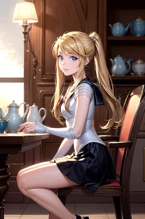 (masterpiece, best quality, detailed), 1girl, solo, looking at viewer, winry rockbell, earrings,
<lora:Sailor Moon Outfit:0.9>, sailor moon outfit, indoors, window, curtains, armchair, lamp, vase, tile floor, teapot, sitting, from side, smile, parted lips