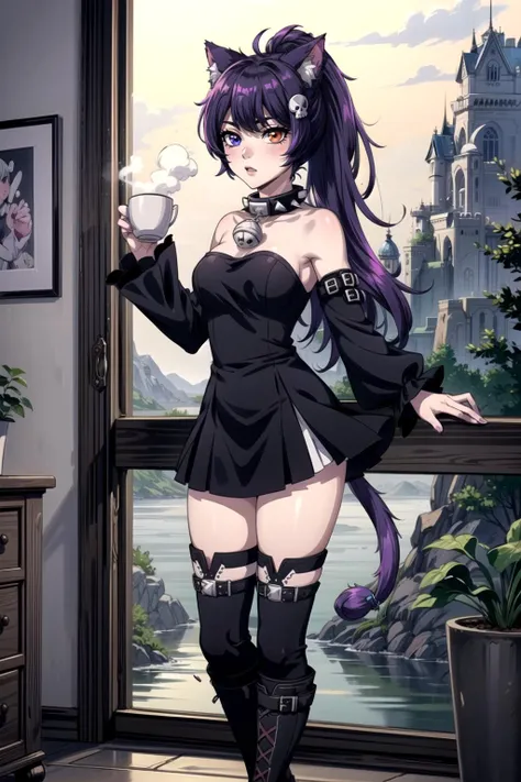 masterpiece, highres, best quality, 1girl, solo, masterpiece, best quality, Ray tracing, hdr, volumetric lighting, <lora:more_details:0.3> <lora:add_detail:0.5>,
<lora:totless_v5:1>, totless, catgirl, heterochromia, long hair, dark purple hair,
totlessoutfittwo, black dress, detached sleeves, ponytail, onepiece, skirt, long boots, animal ear fluff, buckles
hair ornament, skull hair ornament, skull ornament:0.5,
spiky collar, bell, jingle bell, neck bell, spiked collar,
((Standing near a window, holding a cup of tea or coffee, lost in thought and relaxation., Majestic Water Castle amidst Foggy Mountains))