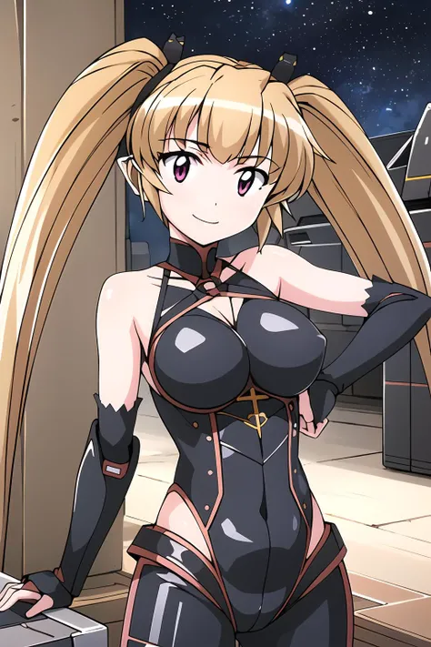 masterpiece, 1girl, pachira, twintails, large breasts, (battlesuit), cybernetic, futuristic, space station, stars, smile, smooth, best quality