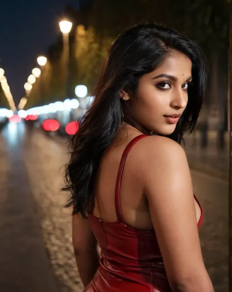 (Full_bodyshot_Closeup:1.5)A vibrant 25-year-old Indian girl with a (curvy:1.6) figure and long black hair, walking in the streets of Paris at night, cold and moist atmosphere, light fog, dark tone, warm moonlight, wearing a (red-sleeveless-top:1.5), black latex shorts, and a dark red leather long coat, professional photography, cinematic quality, high detail, 8K, soft studio lighting, natural warm moonlight, night scene