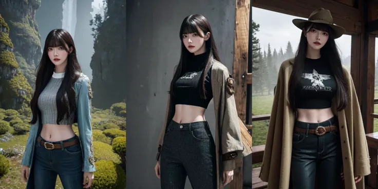 (otherworldly), highly insanely detailed, masterpiece, top quality, best quality, highres, 4k, 8k, RAW photo, (very aesthetic, beautiful and aesthetic), <lora:Azusa Onodera:0.8>, 1girl, solo, pants, long hair, shirt, jacket, looking at viewer, bangs, cowboy shot, holding, midriff, coat, standing, long sleeves, (fantasy world)âââ