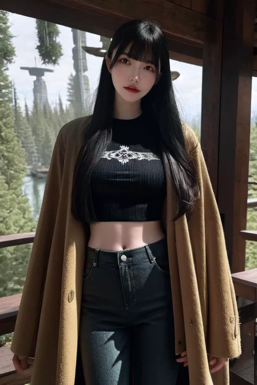 (otherworldly), highly insanely detailed, masterpiece, top quality, best quality, highres, 4k, 8k, RAW photo, (very aesthetic, beautiful and aesthetic), <lora:Azusa Onodera:1>, 1girl, solo, pants, long hair, shirt, jacket, looking at viewer, bangs, cowboy shot, holding, midriff, coat, standing, long sleeves, (fantasy world)âââ