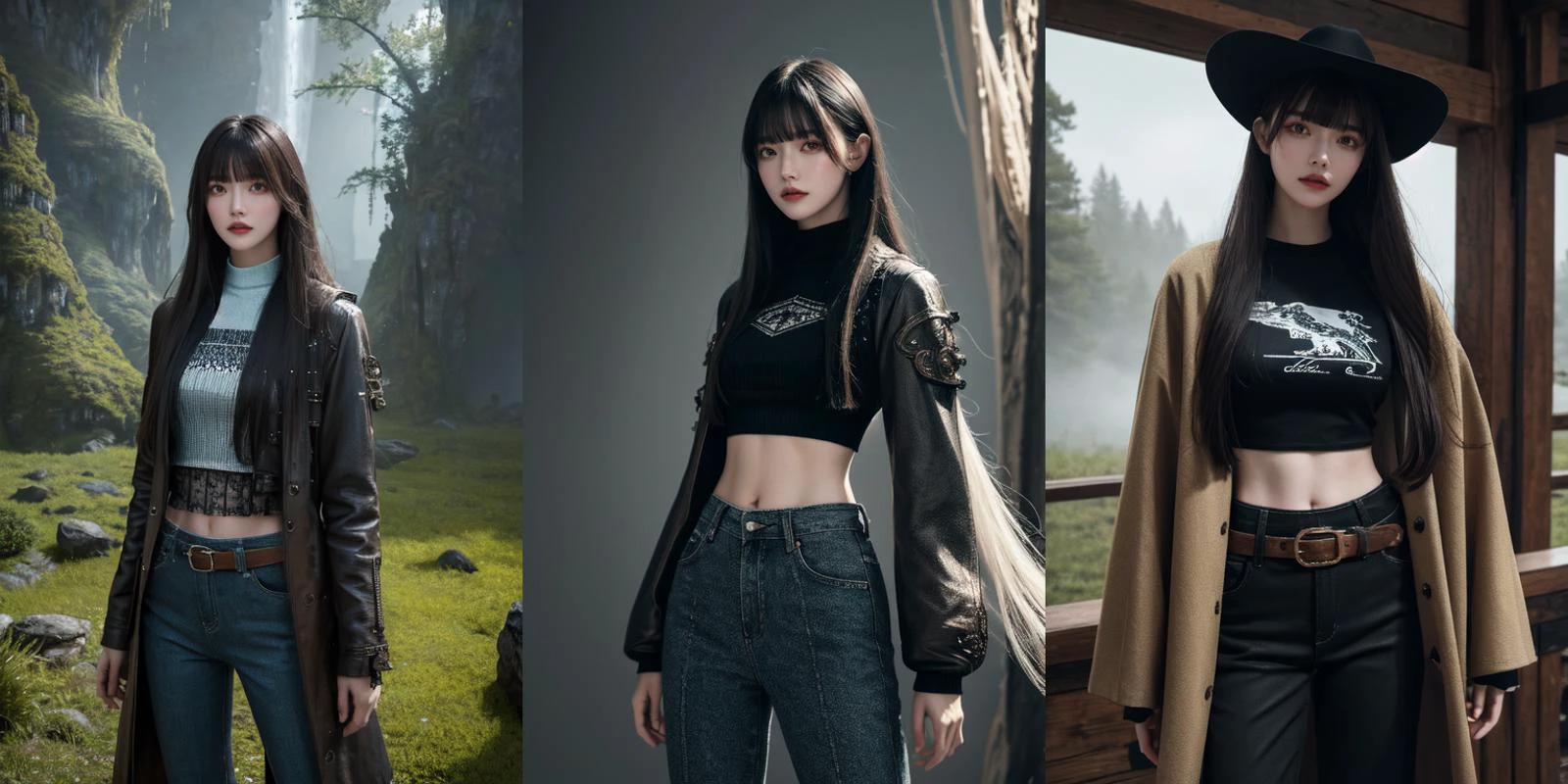 (otherworldly), highly insanely detailed, masterpiece, top quality, best quality, highres, 4k, 8k, RAW photo, (very aesthetic, beautiful and aesthetic), <lora:Azusa Onodera:0.5>, 1girl, solo, pants, long hair, shirt, jacket, looking at viewer, bangs, cowboy shot, holding, midriff, coat, standing, long sleeves, (fantasy world)âââ
