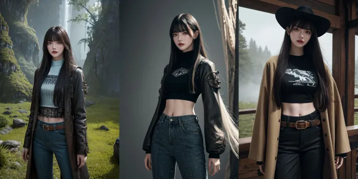 (otherworldly), highly insanely detailed, masterpiece, top quality, best quality, highres, 4k, 8k, RAW photo, (very aesthetic, beautiful and aesthetic), <lora:Azusa Onodera:0.5>, 1girl, solo, pants, long hair, shirt, jacket, looking at viewer, bangs, cowboy shot, holding, midriff, coat, standing, long sleeves, (fantasy world)âââ