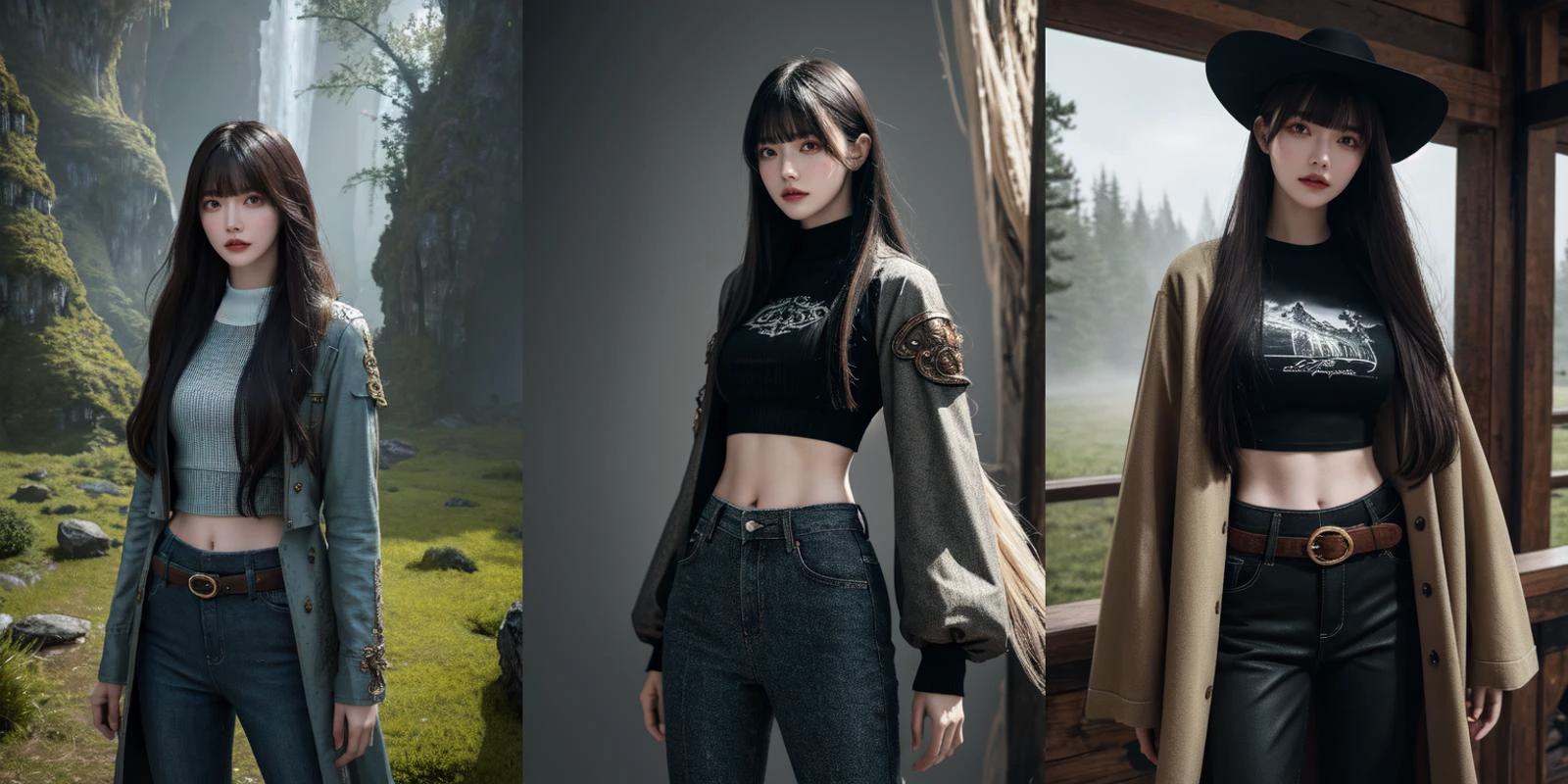 (otherworldly), highly insanely detailed, masterpiece, top quality, best quality, highres, 4k, 8k, RAW photo, (very aesthetic, beautiful and aesthetic), <lora:Azusa Onodera:0.6>, 1girl, solo, pants, long hair, shirt, jacket, looking at viewer, bangs, cowboy shot, holding, midriff, coat, standing, long sleeves, (fantasy world)âââ