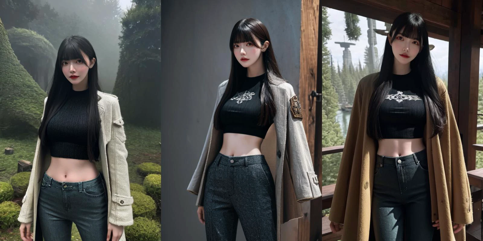 (otherworldly), highly insanely detailed, masterpiece, top quality, best quality, highres, 4k, 8k, RAW photo, (very aesthetic, beautiful and aesthetic), <lora:Azusa Onodera:1>, 1girl, solo, pants, long hair, shirt, jacket, looking at viewer, bangs, cowboy shot, holding, midriff, coat, standing, long sleeves, (fantasy world)âââ