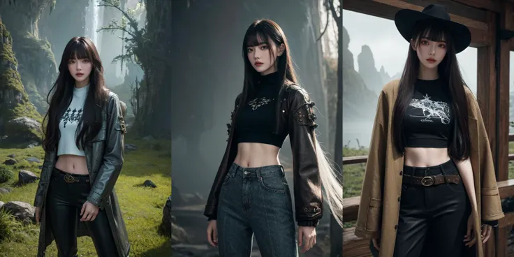 (otherworldly), highly insanely detailed, masterpiece, top quality, best quality, highres, 4k, 8k, RAW photo, (very aesthetic, beautiful and aesthetic), <lora:Azusa Onodera:0.3>, 1girl, solo, pants, long hair, shirt, jacket, looking at viewer, bangs, cowboy shot, holding, midriff, coat, standing, long sleeves, (fantasy world)âââ