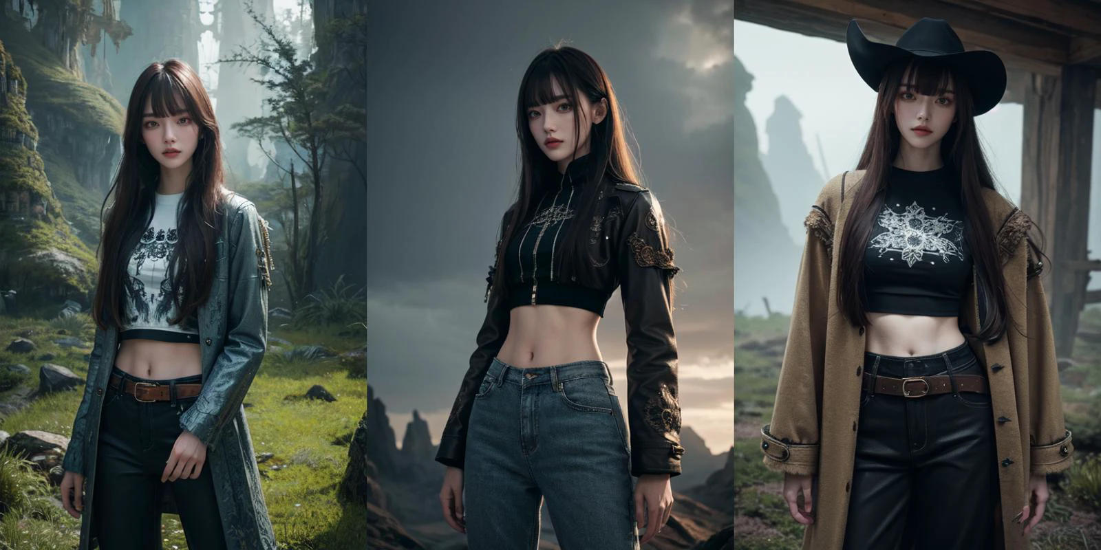 (otherworldly), highly insanely detailed, masterpiece, top quality, best quality, highres, 4k, 8k, RAW photo, (very aesthetic, beautiful and aesthetic), <lora:Azusa Onodera:0>, 1girl, solo, pants, long hair, shirt, jacket, looking at viewer, bangs, cowboy shot, holding, midriff, coat, standing, long sleeves, (fantasy world)âââ