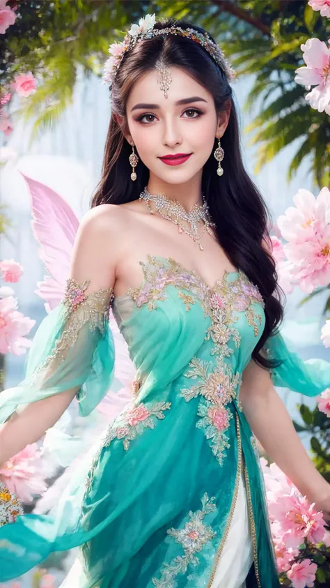 [Amidst the enchanting beauty of a floral paradise, a lovely young lady adorns herself in exquisite Muslim attire, adorned with intricate floral patterns in vibrant and captivating colors. She wears a splendid headpiece adorned with pearls and shimmering gemstones, emanating a captivating radiance. She possesses a fairy-like beauty, with bright and vibrant eyes and a gentle, sweet smile. She moves gracefully through the sea of flowers, with petals dancing in the breeze, as if she were the most beautiful flower in the floral realm.]