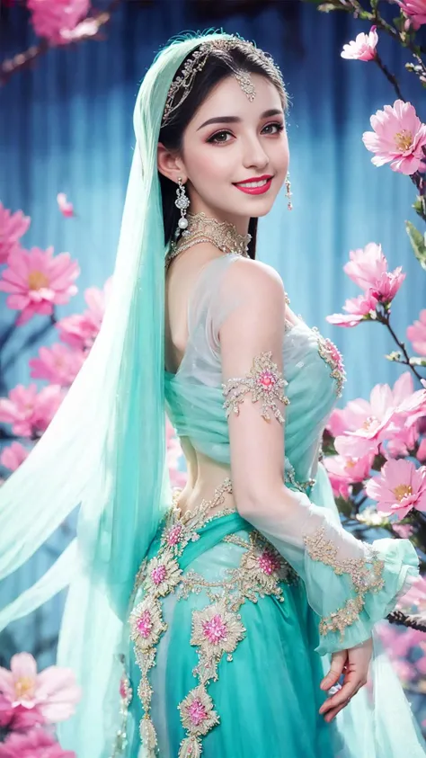 [Amidst the enchanting beauty of a floral paradise, a lovely young lady adorns herself in exquisite Muslim attire, adorned with intricate floral patterns in vibrant and captivating colors. She wears a splendid headpiece adorned with pearls and shimmering gemstones, emanating a captivating radiance. She possesses a fairy-like beauty, with bright and vibrant eyes and a gentle, sweet smile. She moves gracefully through the sea of flowers, with petals dancing in the breeze, as if she were the most beautiful flower in the floral realm.]