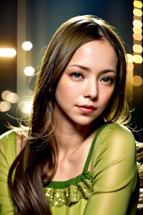 1girl,(wearing a green blouse:1.2),(RAW photo, best quality), (realistic, photo-realistic:1.4), masterpiece, an extremely delicate and beautiful, extremely detailed, 2k wallpaper, Amazing, finely detail, extremely detailed CG unity 8k wallpaper, ultra-detailed, highres, soft light, beautiful detailed girl, extremely detailed eyes and face, beautiful detailed nose, beautiful detailed eyes,cinematic lighting,city lights at night,perfect anatomy,slender body,smiling, <lora:amuronamie_lora:0.7>