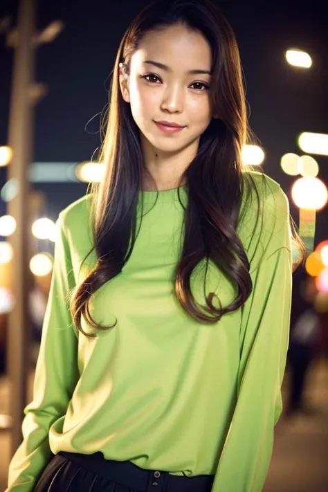 1girl,(wearing a green blouse:1.2),(RAW photo, best quality), (realistic, photo-realistic:1.4), masterpiece, an extremely delicate and beautiful, extremely detailed, 2k wallpaper, Amazing, finely detail, extremely detailed CG unity 8k wallpaper, ultra-detailed, highres, soft light, beautiful detailed girl, extremely detailed eyes and face, beautiful detailed nose, beautiful detailed eyes,cinematic lighting,city lights at night,perfect anatomy,slender body,smiling,at ueno ameyoko at night, <lora:amuronamie_lora:0.7>