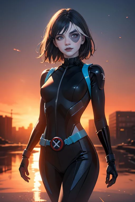 (masterpiece, best quality:1.2),  looking at viewer, volumetric lighting, light particles, outdoors, sunset, shadow, reflection, standing, <lora:marvel_domino-10:1>, marveldomino, colored skin, makeup, bodysuit, belt