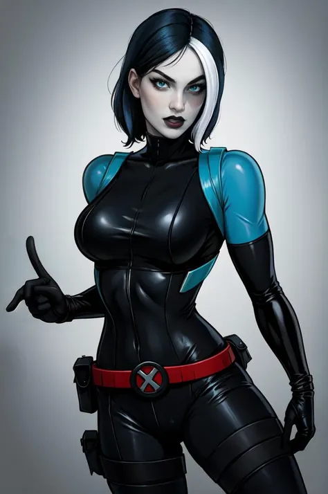<lora:marvel_domino:1>, marveldomino,1girl,solo,breasts,medium breasts BREAK two-tone hair,multicolored hair,white skin,colored skin,black lips BREAK skimpy bodysuit,looking at viewer,