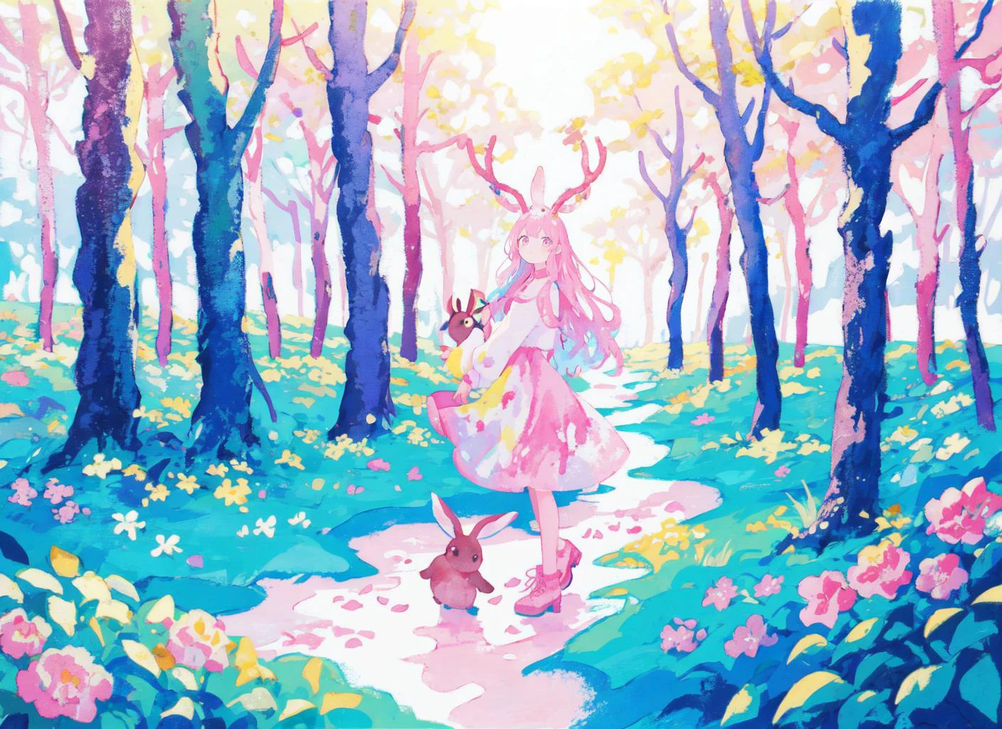 1,petityo,solo,per body,long hair,floating hair,colorful flowers painting,colorful painting,watercolor painting,multicolored painting,pink main color,forest,sky,sunlight,(🦌walking in forest, rabbit jumping in forest),<lora:Healing:0.5> <lora:tabiArtStyleLora_1:0.3> <lora:msw:0.1> <lyco:uenomigiArtStyle_soft:0.5>,