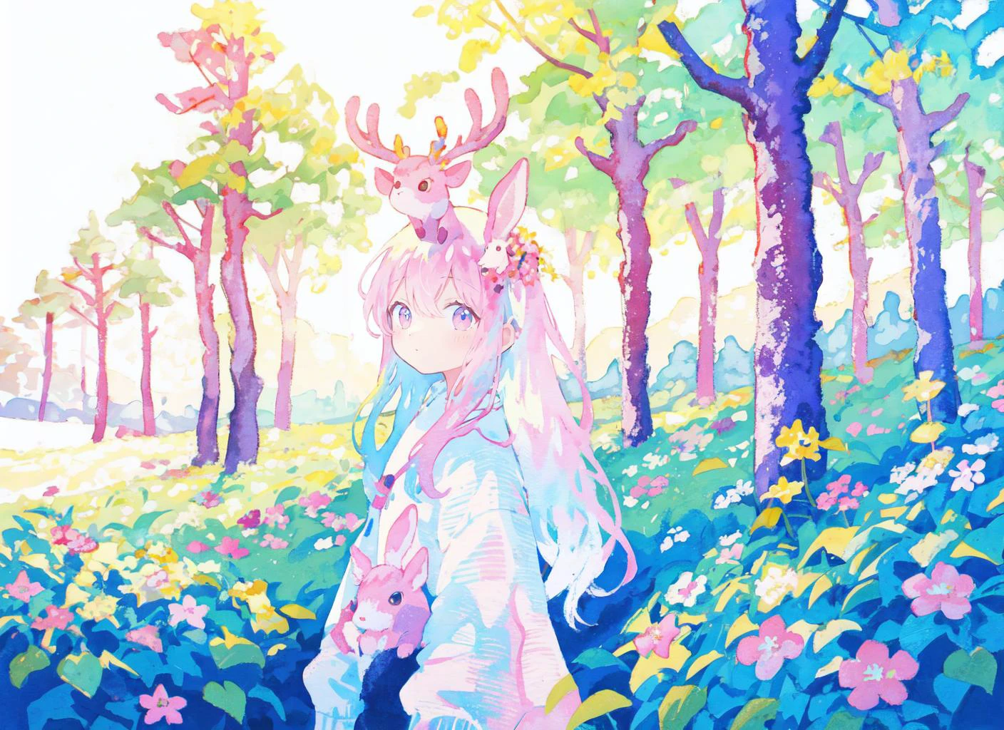 1,petityo,solo,per body,long hair,floating hair,colorful flowers painting,colorful painting,watercolor painting,multicolored painting,pink main color,forest,sky,sunlight,(🦌walking in forest, rabbit jumping in forest),<lora:Healing:0.5> <lora:tabiArtStyleLora_1:0.3> <lora:msw:0.1> <lyco:uenomigiArtStyle_soft:0.5>,