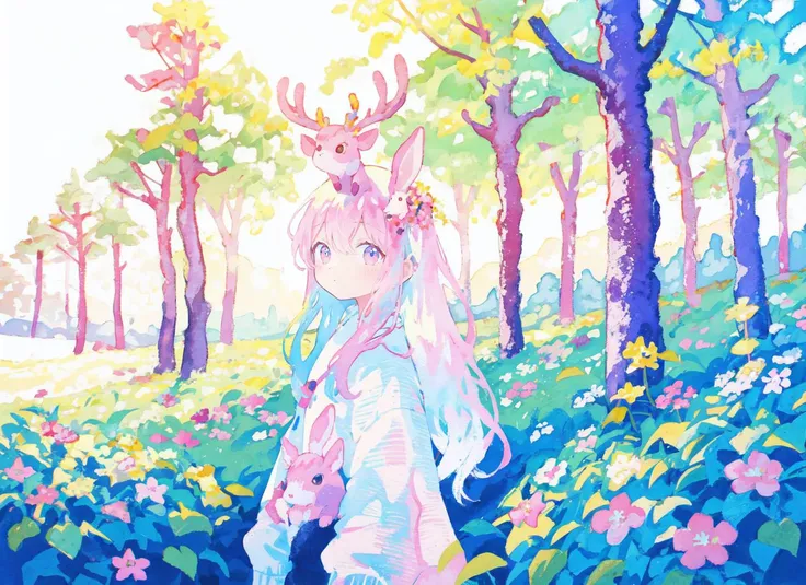 1,petityo,solo,per body,long hair,floating hair,colorful flowers painting,colorful painting,watercolor painting,multicolored painting,pink main color,forest,sky,sunlight,(🦌walking in forest, rabbit jumping in forest),<lora:Healing:0.5>  <lora:tabiArtStyleLora_1:0.3> <lora:msw:0.1> <lyco:uenomigiArtStyle_soft:0.5>,