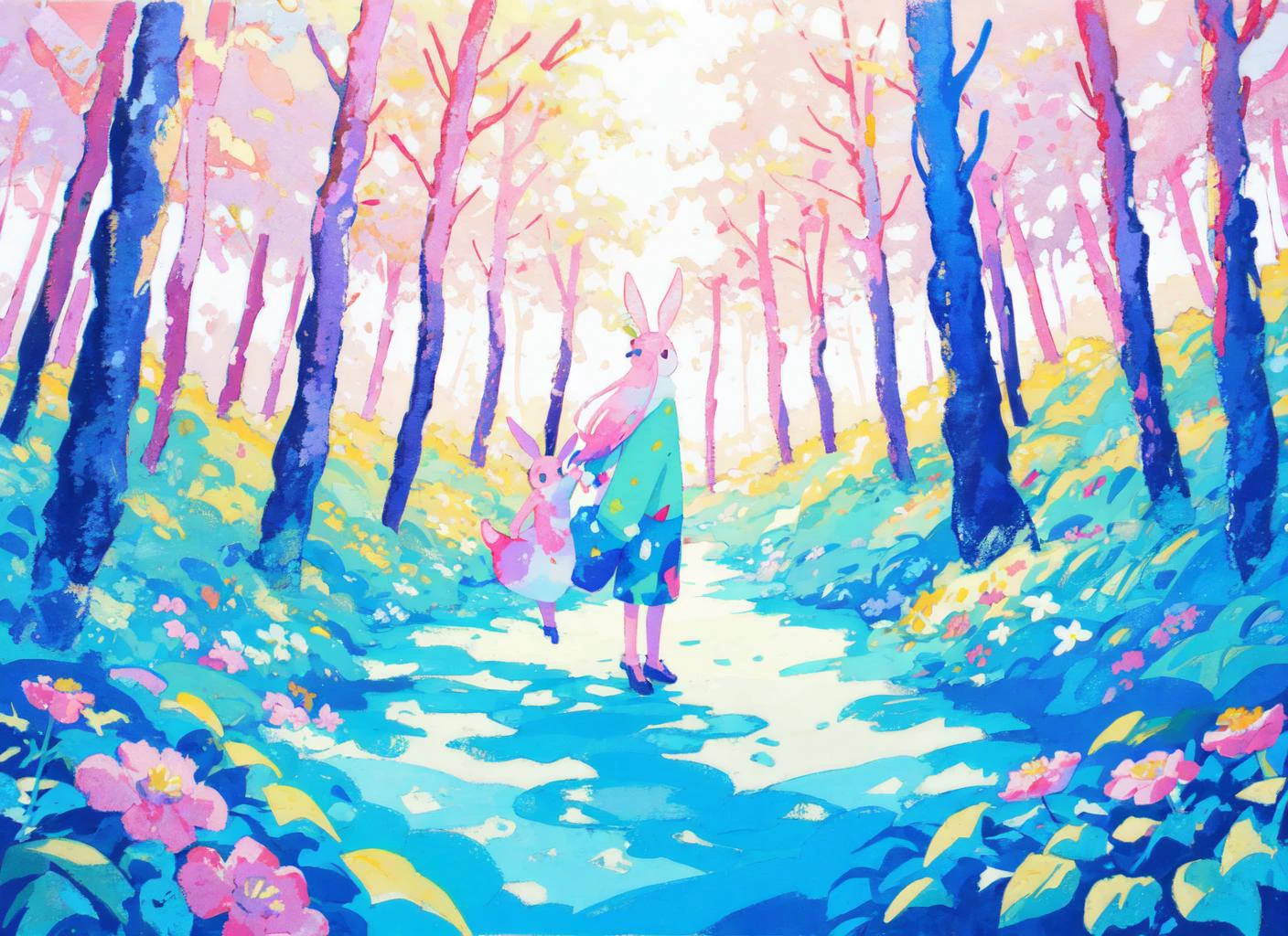 1child,petite,6yo,solo,upper body,long hair,floating hair,colorful flowers painting,colorful painting,watercolor painting,multicolored painting,pink main color,forest,sky,sunlight,(🦌walking in forest, rabbit jumping in forest),<lora:Healing:0.5> <lora:tabiArtStyleLora_1:0.3> <lora:msw:0.1> <lyco:uenomigiArtStyle_soft:0.5>,