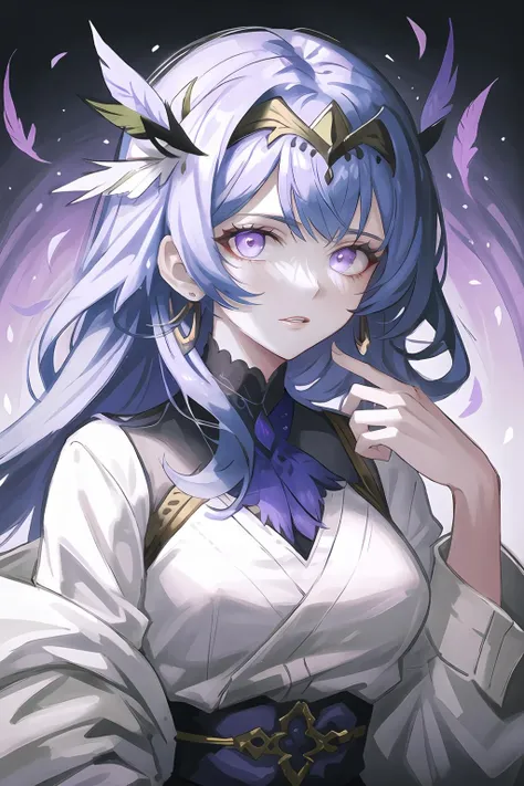 <lora:shadow_anime_style_v1:1>A mesmerizing digital portrait of a charismatic woman with piercing violet eyes, adorned in an ornate headdress, surrounded by vibrant blossoms and delicate feathers