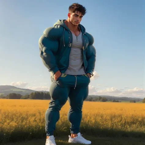 Create an image of a muscular man standing in an open field. He has a stylish, short haircut and a contemplative expression. He is wearing a dark, casual zip hoodie unzipped to reveal a well-defined chest and abs, paired with grey athletic sweatpants. The background is an expansive green field under a clear blue sky, suggesting a late summer morning with bright, natural light that casts soft shadows, highlighting the man's physique. The overall aesthetic of the image is one of relaxed confidence and casual sportiness., steroids, large muscles, large bulge <lora:Biri_epoch_9:0.7>