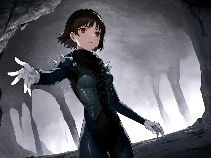 masterpiece, best quality, 1girl, solo, dsqueen, brown hair, short hair, crown braid, red eyes, bodysuit, shoulder spikes, scarf, white gloves, reaching, ominous underground cave, stalactites, spooky atmosphere, secret tunnel, faint light source, echoing sounds, subterranean lake, damp walls
<lyco:dsmakoto-v2_lc:1>