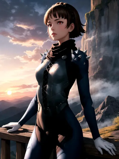 masterpiece, best quality, 1girl, solo, dsqueen, brown hair, short hair, crown braid, red eyes, bodysuit, shoulder spikes, scarf, white gloves, slouching,w arms, mountain, misty, clouds, dusk, grand, remote, ethereal
<lyco:dsmakoto-v2_lc:1>