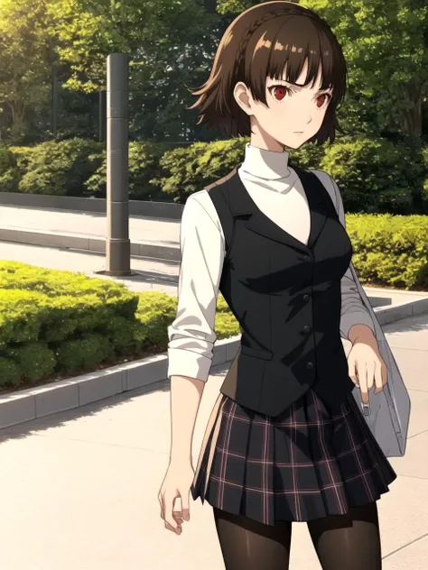 masterpiece, best quality, 1girl, solo, dsmakoto, brown hair, short hair, crown braid, red eyes, school uniform, white turtleneck, black vest, plaid skirt, pantyhose, standing, park, detailed background, cowboy shot
<lyco:dsmakoto-v2_lc:1> <lyco:p5-anime_style_lc:0.6>