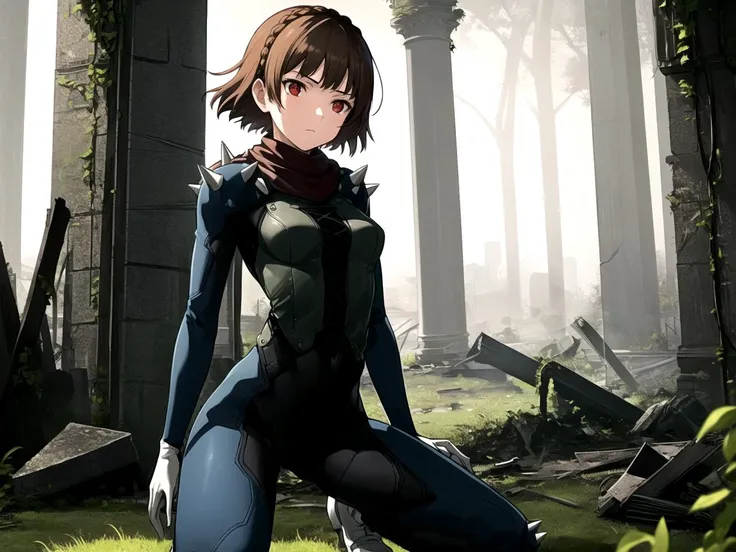 masterpiece, best quality, 1girl, solo, dsqueen, brown hair, short hair, crown braid, red eyes, bodysuit, shoulder spikes, scarf, white gloves, on one knee,contrapposto, Vines-covered ruins, with mossy walls and scattered broken pillars, surrounded by a dense forest
<lyco:dsmakoto-v2_lc:1>