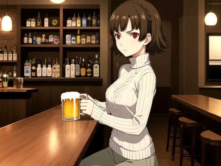 masterpiece, best quality, 1girl, solo, dsmakoto, brown hair, short hair, crown braid, red eyes, Light Brown Capri pants, Dark Brown cable knit sweater, sitting, badmood, bar, mugs of beer, shelves of alcohol
 <lyco:dsmakoto-v2_lc:1> <lyco:p5-anime_style_lc:0.6>