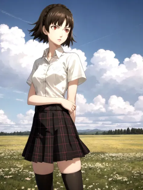 masterpiece, best quality, 1girl, solo, dsmakoto, brown hair, short hair, crown braid, red eyes, school uniform, shirt, skirt, thighhighs, outdoors, field, detailed sky, cowboy shot <lora:dsmakoto_lc:0.7> <lora:p5ani_lc:0.5>