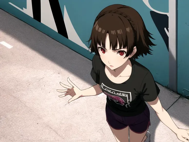 masterpiece, best quality, 1girl, solo, dsmakoto, brown hair, short hair, crown braid, red eyes, Purple cute shorts, Light Green ruffled shirt, from above, lonely, graffiti-covered walls, lively street performers, indie music venues
<lyco:dsmakoto-v2_lc:1> <lyco:p5-anime_style_lc:0.6>