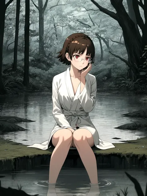 masterpiece, best quality, 1girl, solo, dsmakoto, brown hair, short hair, crown braid, red eyes, bathrobe, glasses, high tops, legs together, Gloomy Swamp,Twisted trees, murky and gloomy atmosphere, stagnant water, melancholic feeling
<lyco:dsmakoto-v2_lc:1>