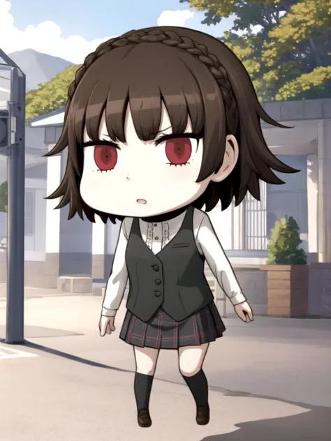 masterpiece, best quality, 1girl, solo, dsmakoto, brown hair, short hair, crown braid, red eyes, school uniform, shirt, skirt, outdoors, full body, chibi, april fools
<lora:dsmakoto_lc:1> <lora:aprilfools_riyo_lc:1>