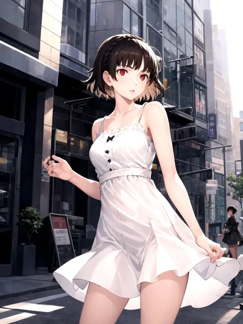 masterpiece, best quality, 1girl, solo, dsmakoto, brown hair, short hair, crown braid, red eyes, (sundress:1.1), standing, outdoors, city street, day, detailed background, cowboy shot, (soejima shigenori, persona 5:0.5)
<lyco:dsmakoto_lc_768:0.8>