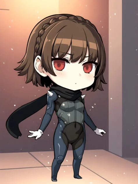 masterpiece, best quality, 1girl, solo, dsqueen, brown hair, short hair, crown braid, red eyes, bodysuit, shoulder spikes, scarf, white gloves, full body, chibi, april fools
<lyco:dsmakoto-v2_lc:1> <lyco:aprilfools_style_lc:0.8>